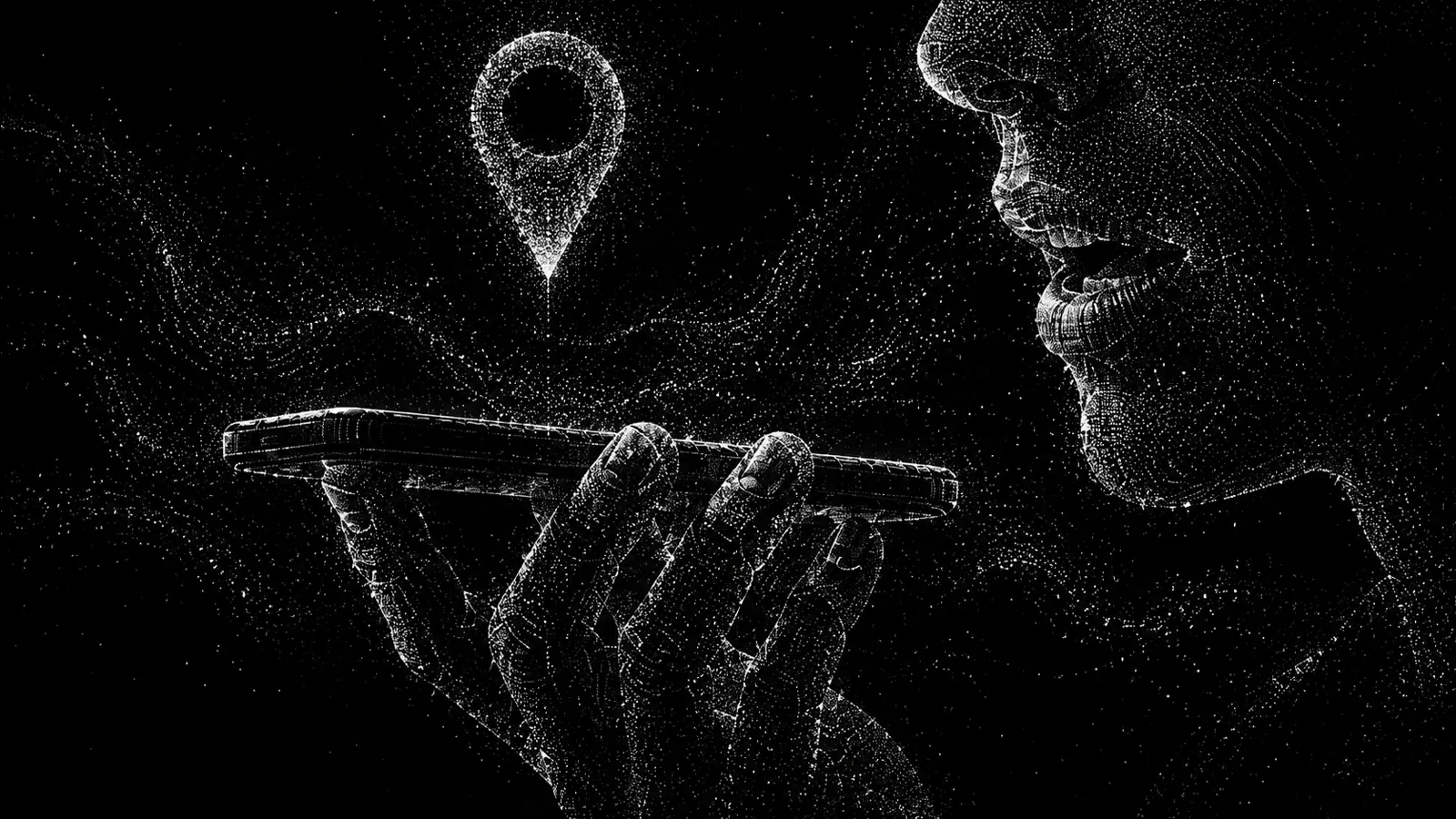Pessoa usando o Google Aks Maps no smartphone, com ícone de localização em destaque, em ilustração pontilhista preta e branca sobre fundo escuro.